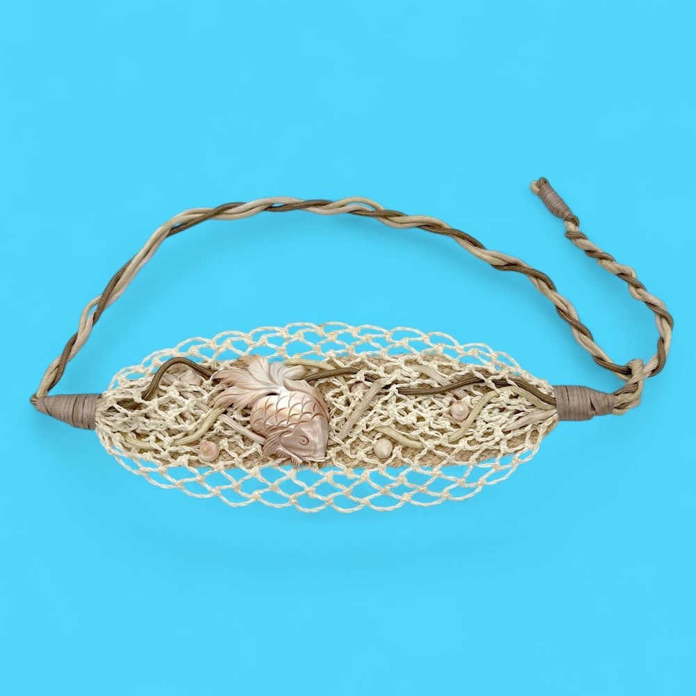 80s carved mother of pearl fish net cummerbund belt w/ macrame raffia